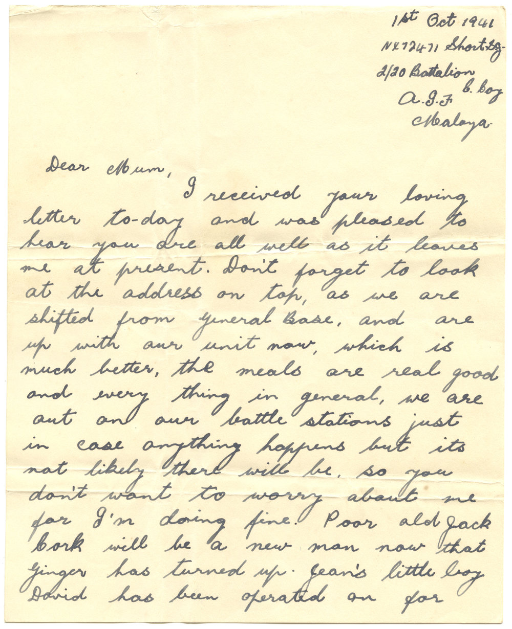 Letter from Pte. S. J. Short, 1 October 1941