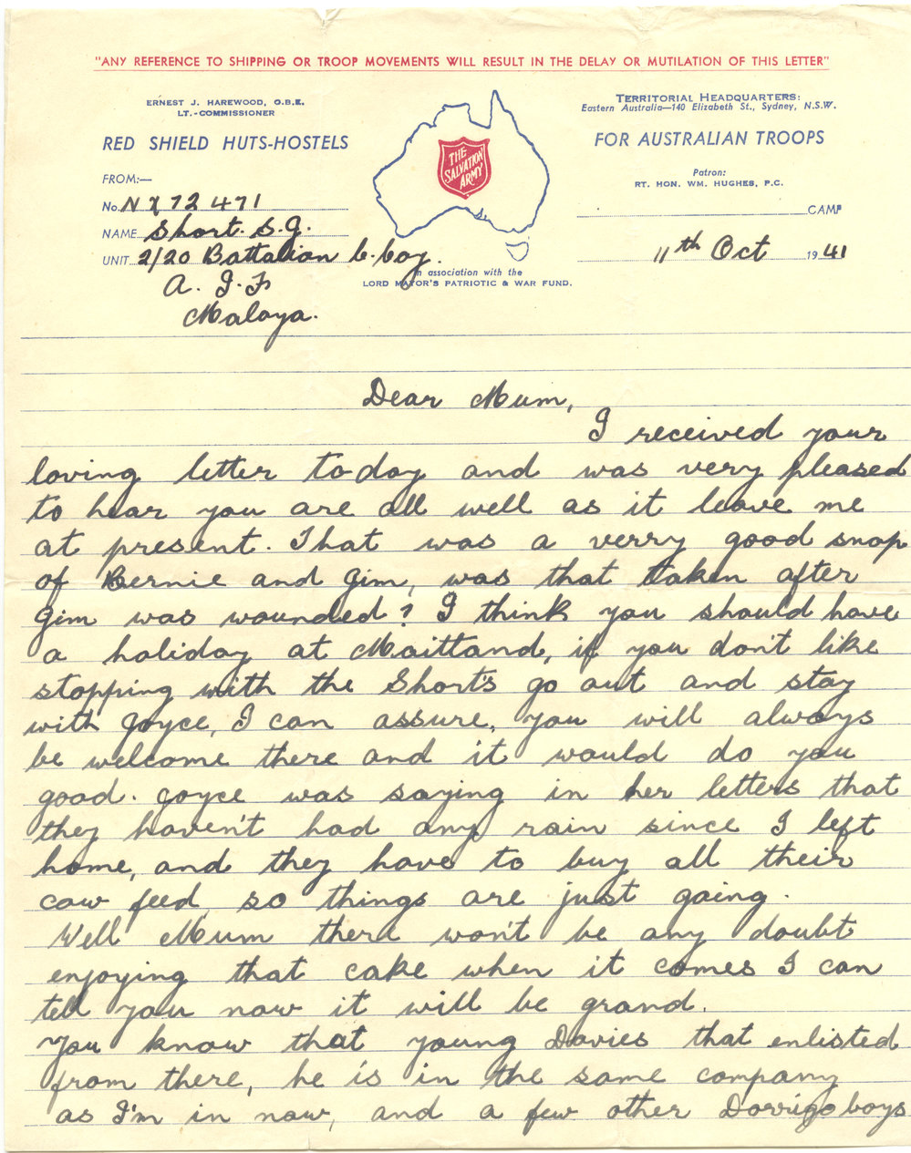 Letter from Pte. S. J. Short, 11 October 1941