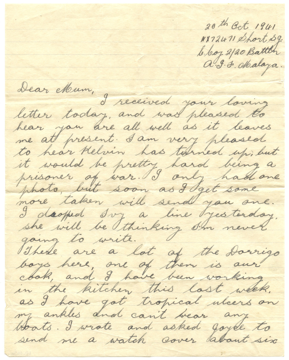 Letter from Pte. S. J. Short, 20 October 1941
