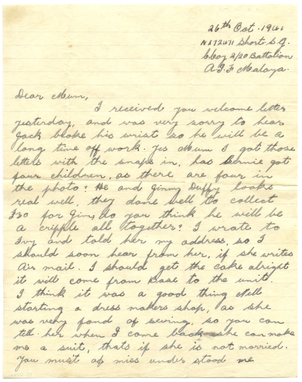 Letter from Pte. S. J. Short, 26 October 1941