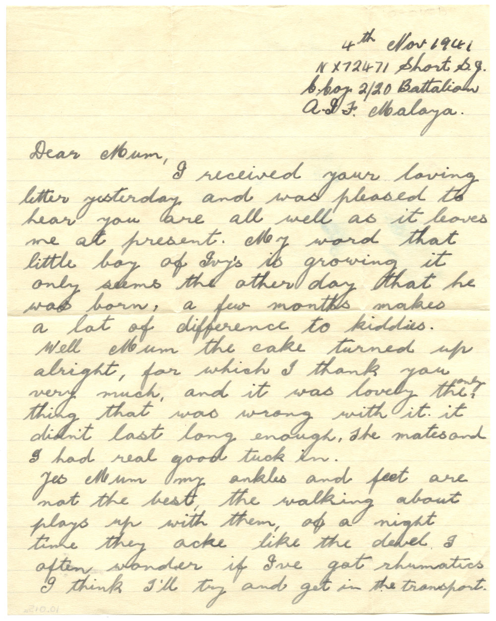 Letter from Pte. S. J. Short, 4 November 1941