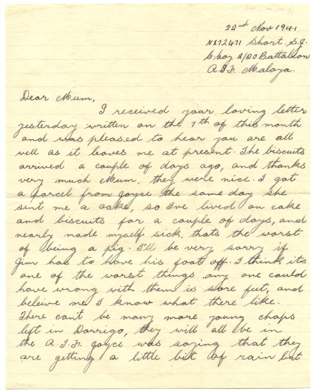 Letter from Pte. S. J. Short, 22 November 1941