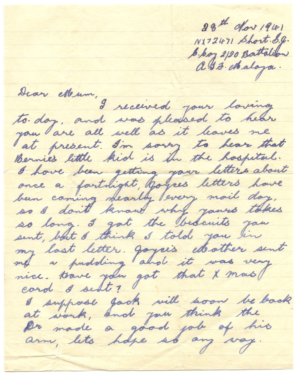 Letter from Pte. S. J. Short, 28 November 1941