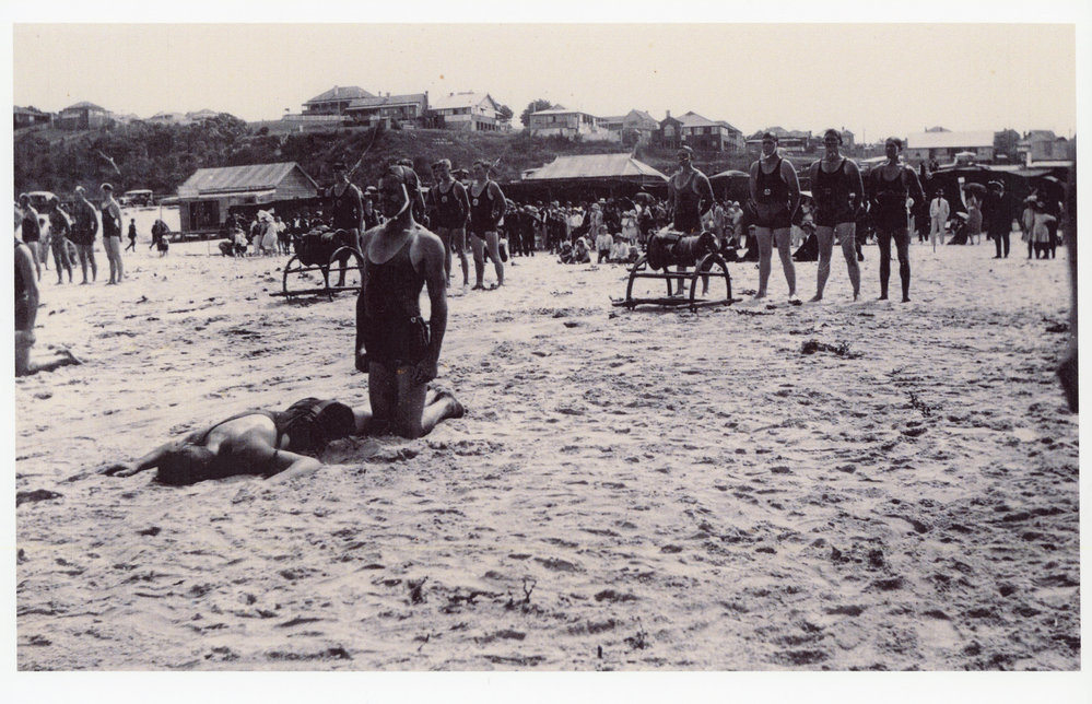 Resuscitation and rescue practice on Jetty Beach, 1920s