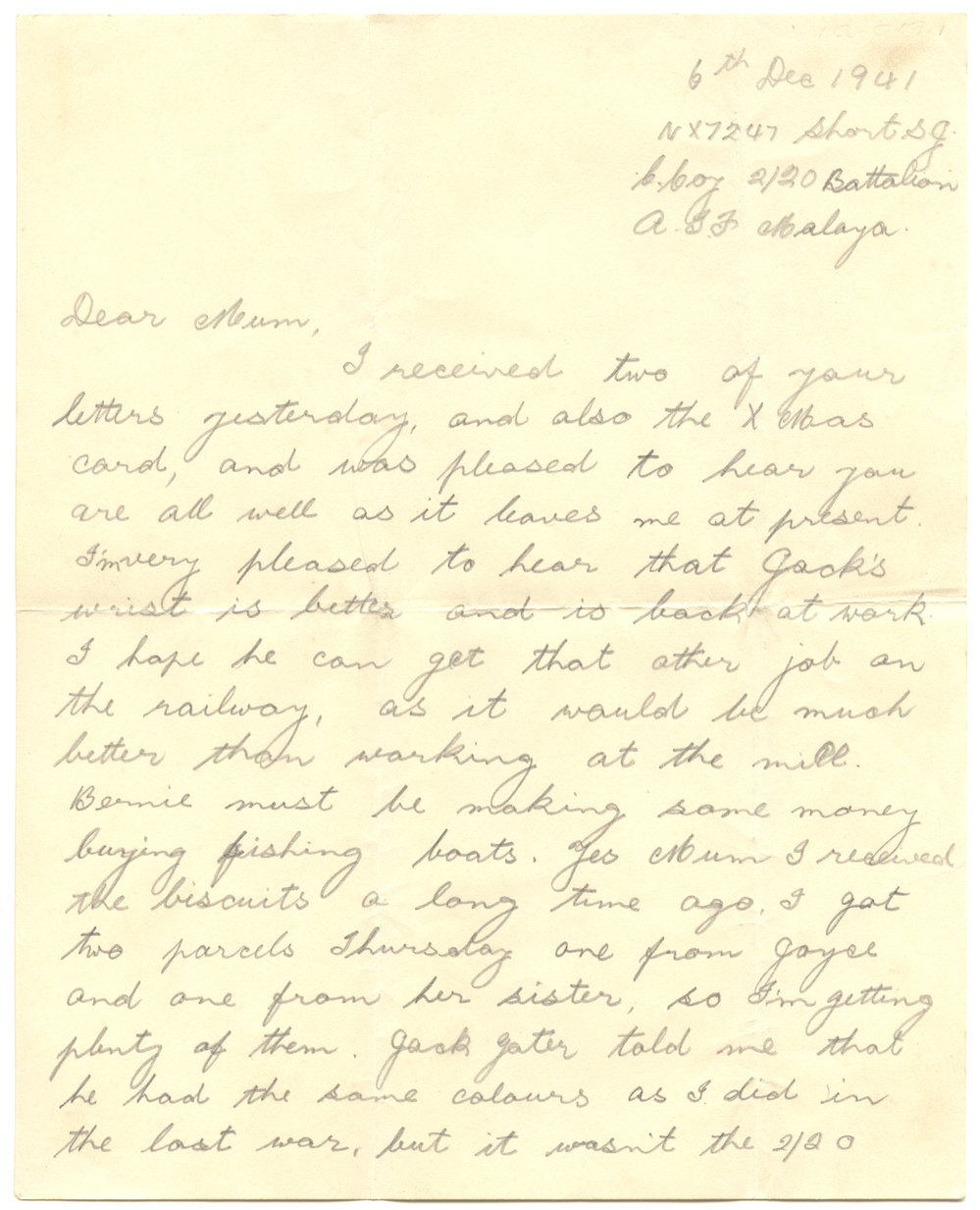 Letter from Pte. S. J. Short, 6 December 1941