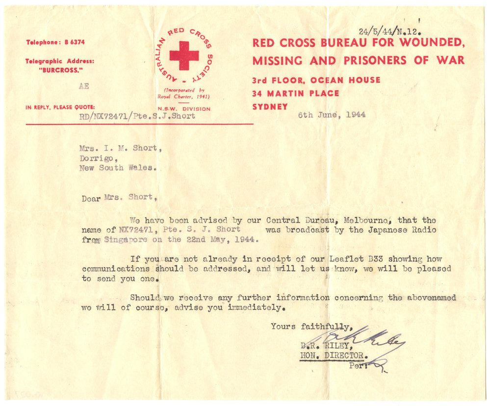 Letter from Red Cross Bureau for Wounded, Missing and Prisoners of War, 6 June 1944