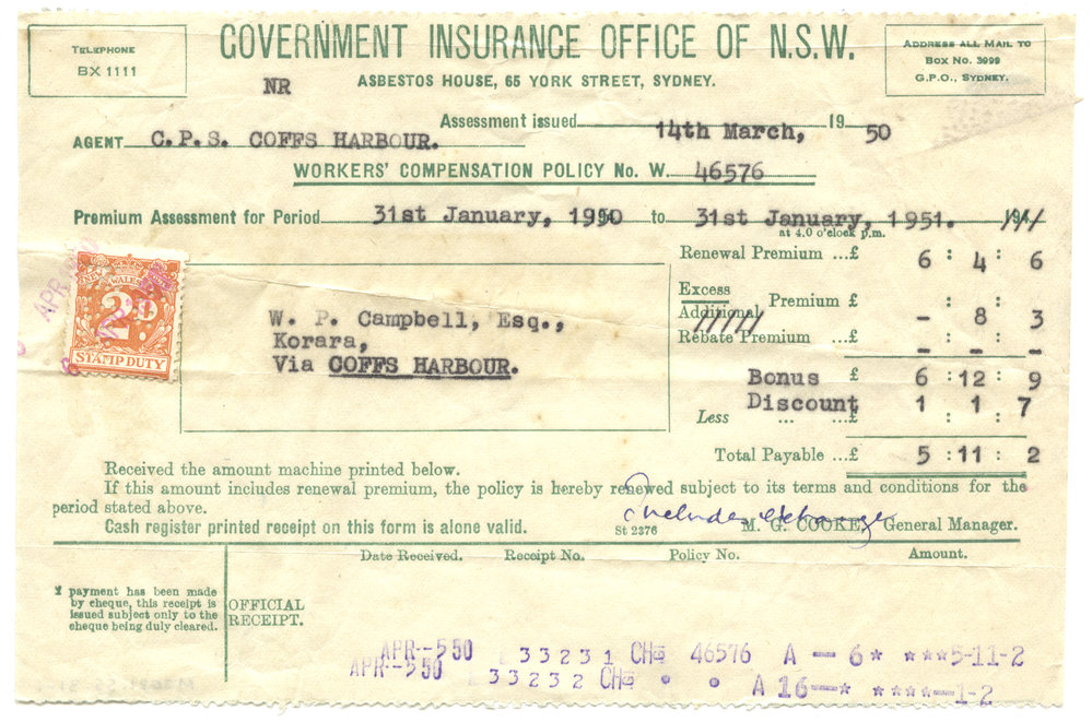 Policy Renewal Receipt, 14 March 1950
