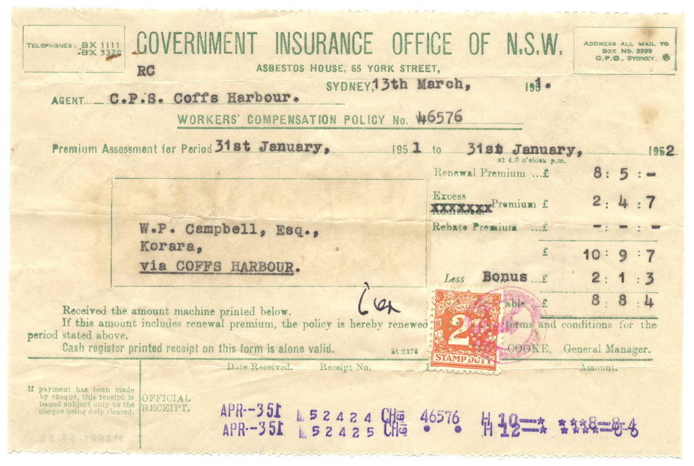 Policy Renewal Receipt, 13 March 1951