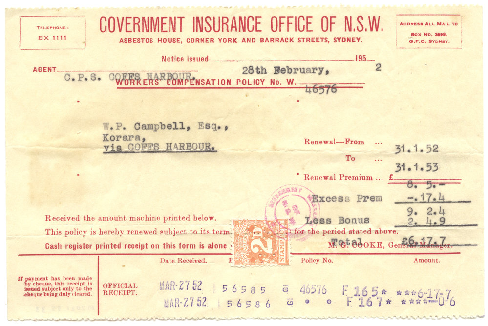 Policy Renewal Receipt, 28 February 1952