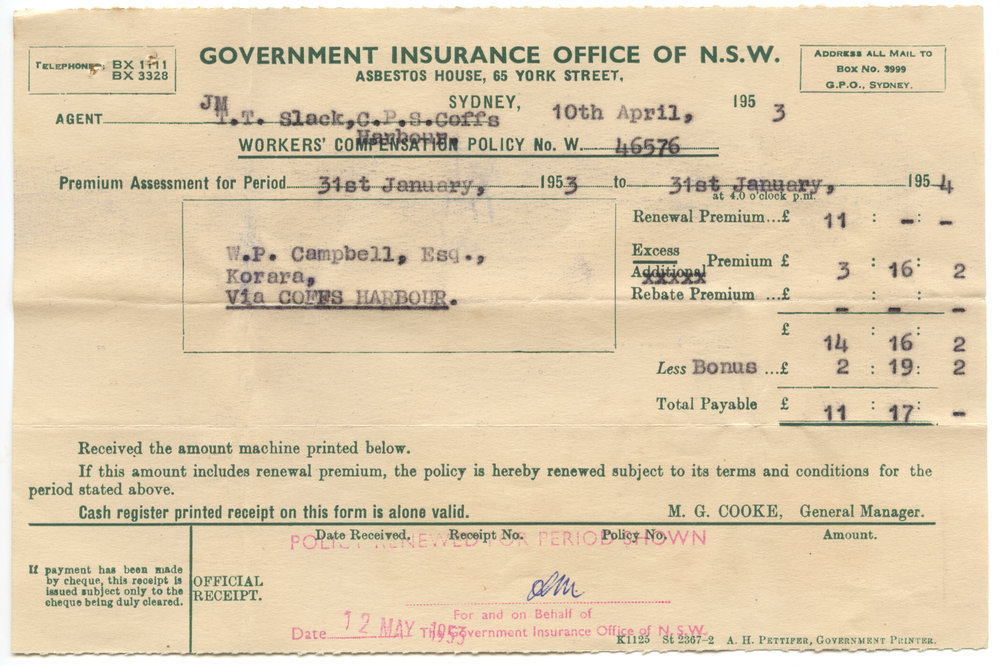Policy Renewal Notice and Receipt, 10 April 1953