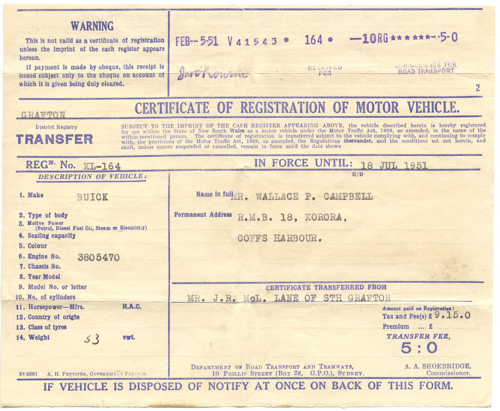 Certificate of Registration of Motor Vehicle, 1951