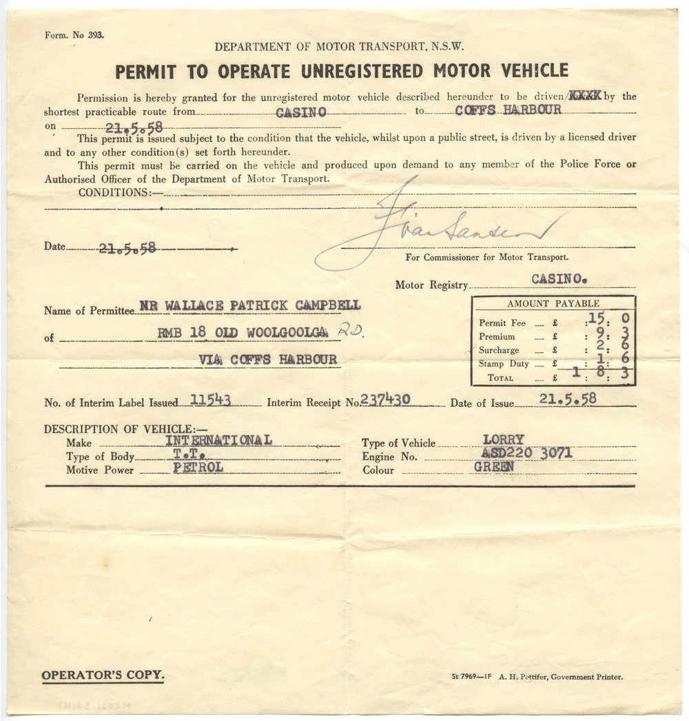 Permit to Operate Unregistered Motor Vehicle, 1958