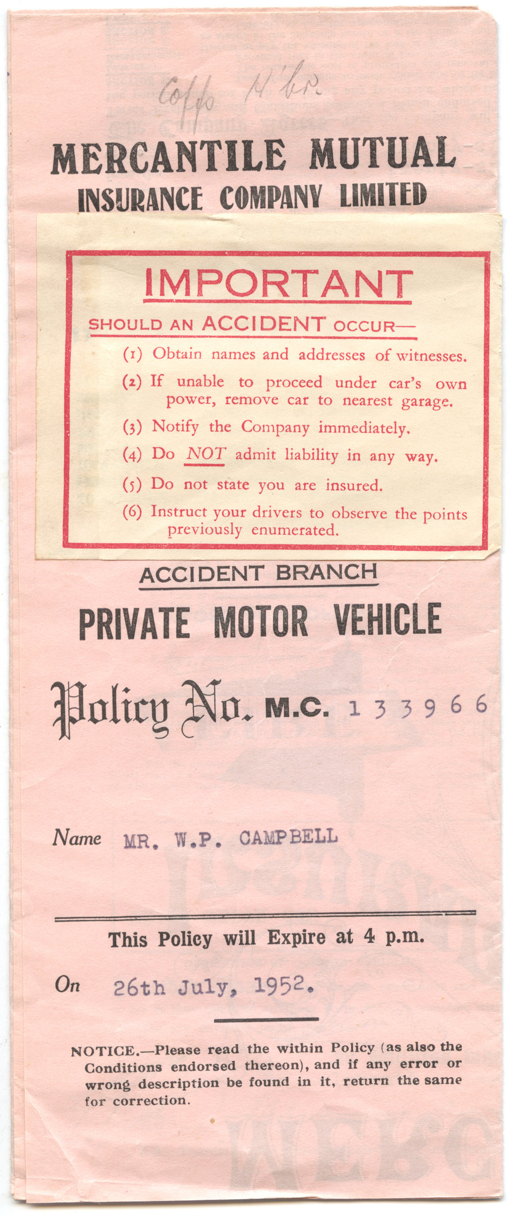 Private Motor Vehicle Policy, 1951