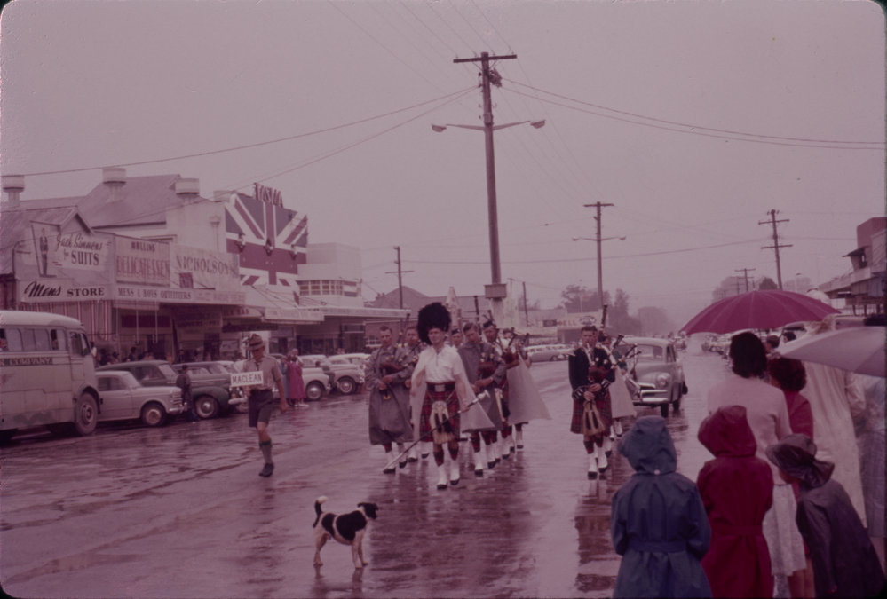 Maclean Pipe Band in the Coffs Harbour Centenary Parade, 1961