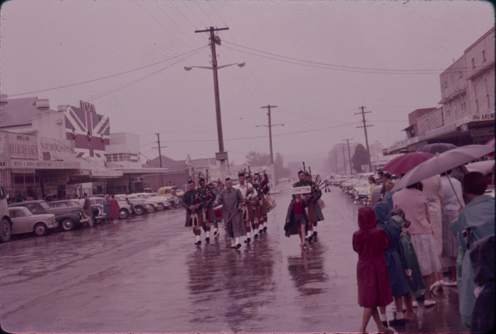 Grafton Pipe Band in the Coffs Harbour Centenary Parade, 1961
