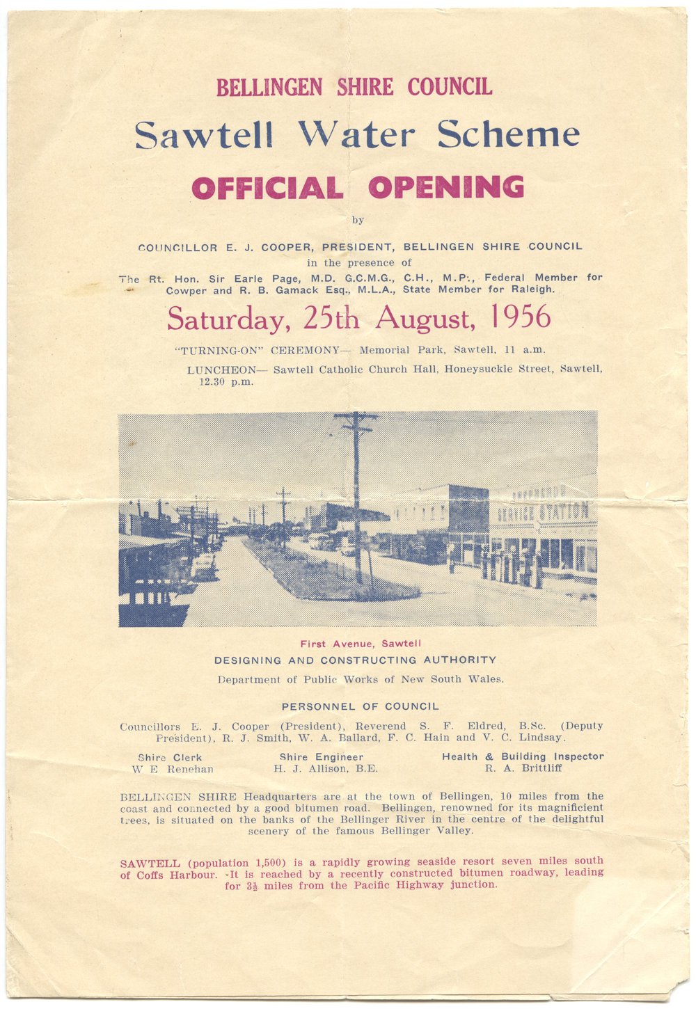 Sawtell Water Scheme Official Opening programme, 25 August 1956