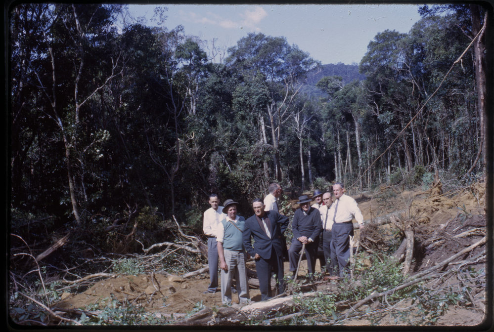 Group of men at construction site, Mount Moombil, c. 1963
