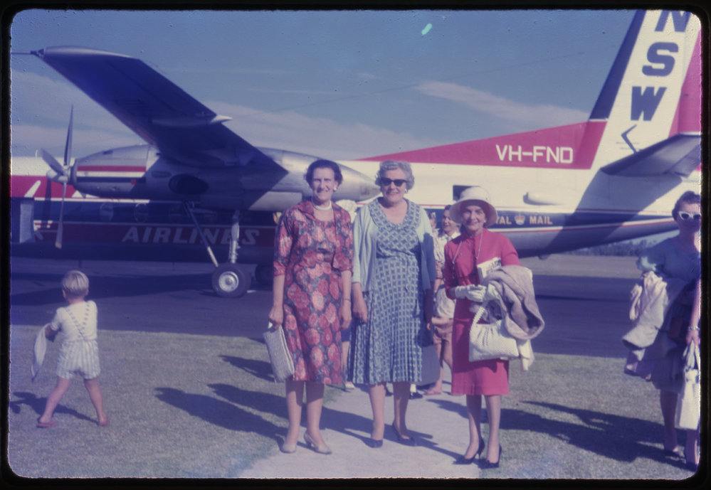 Three women at Coffs Harbour Airport, c. 1962