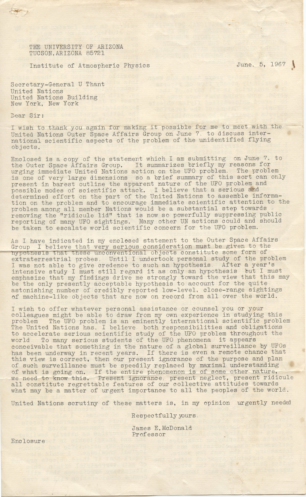 Letter to Secretary-General U Thant, United Nations, 5 June 1967