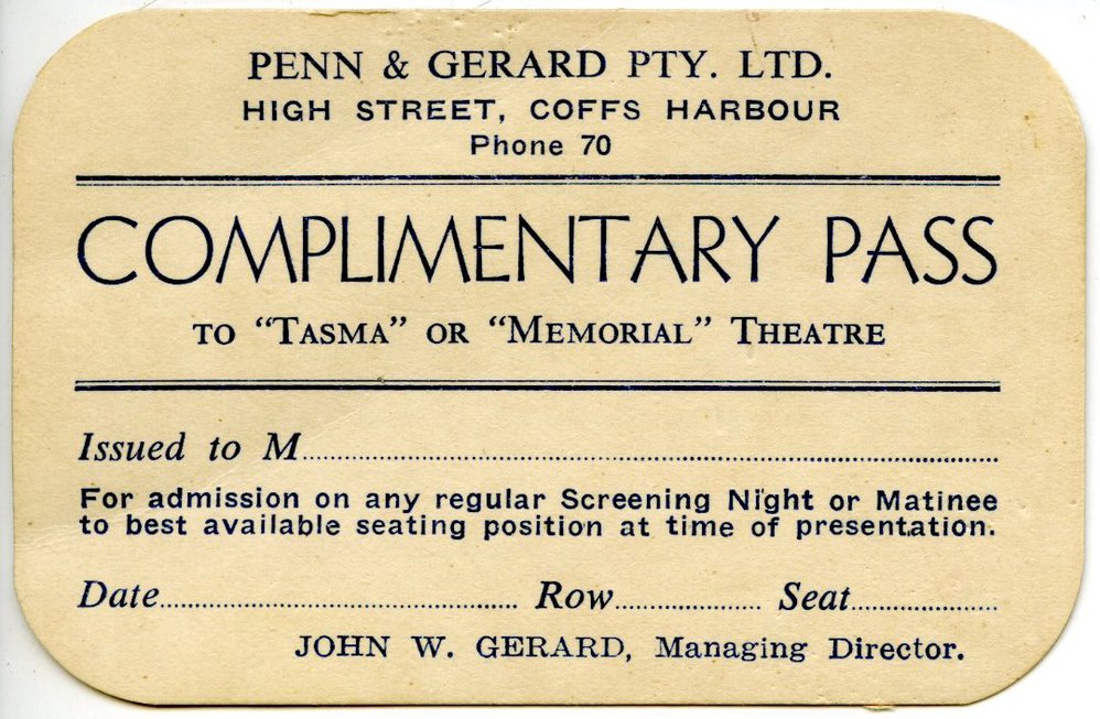 Tasma or Memorial Theatre Complimentary Pass