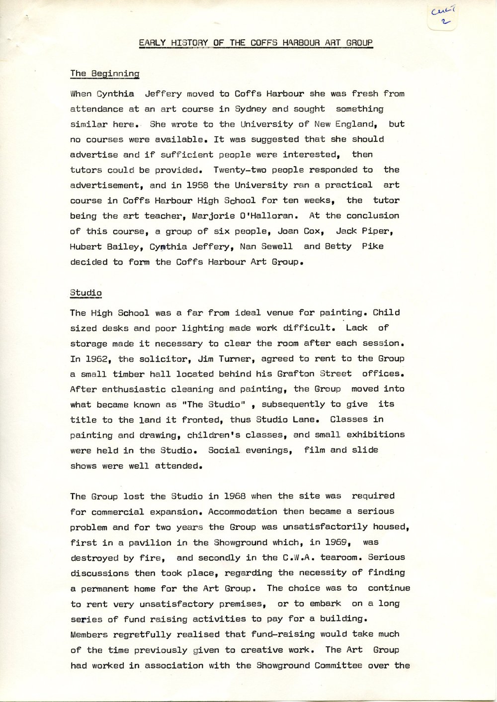 Early History of the Coffs Harbour Art Group