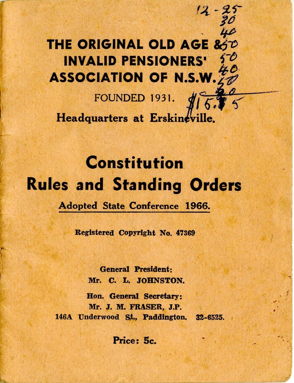 Old Age &amp; Invalid Pensioners' Association of NSW Constitution, Rules &amp; Standing Orders, 1966