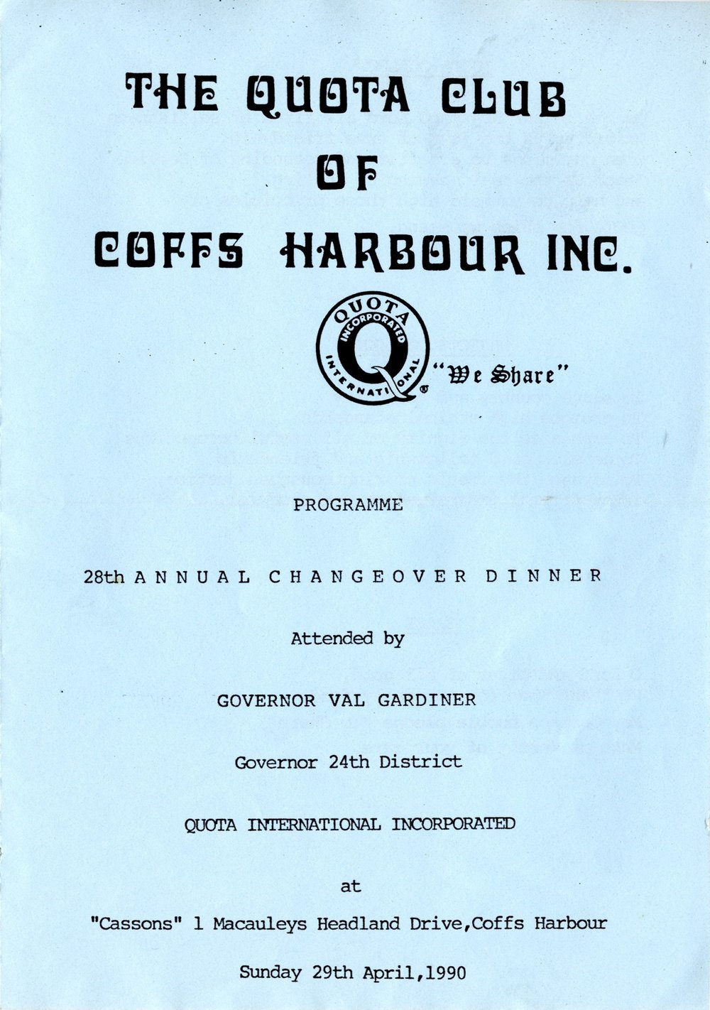 Quota Club of Coffs Harbour 28th Annual Changeover programme, 29 April 1990