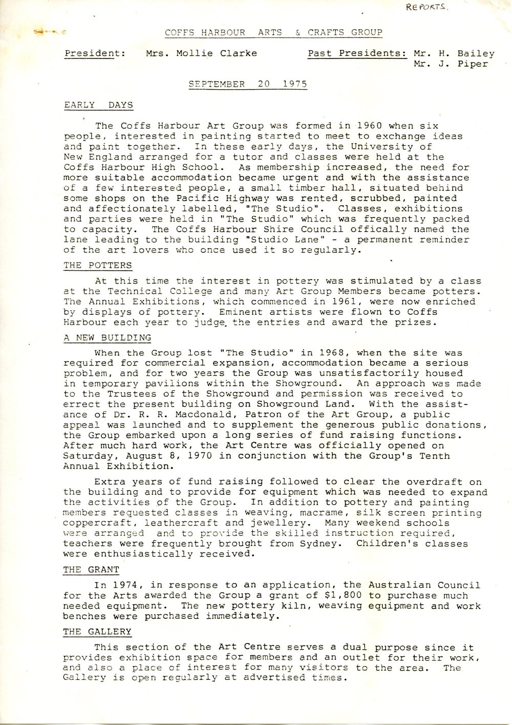 Coffs Harbour Arts &amp; Crafts Group report, 20 September 1975