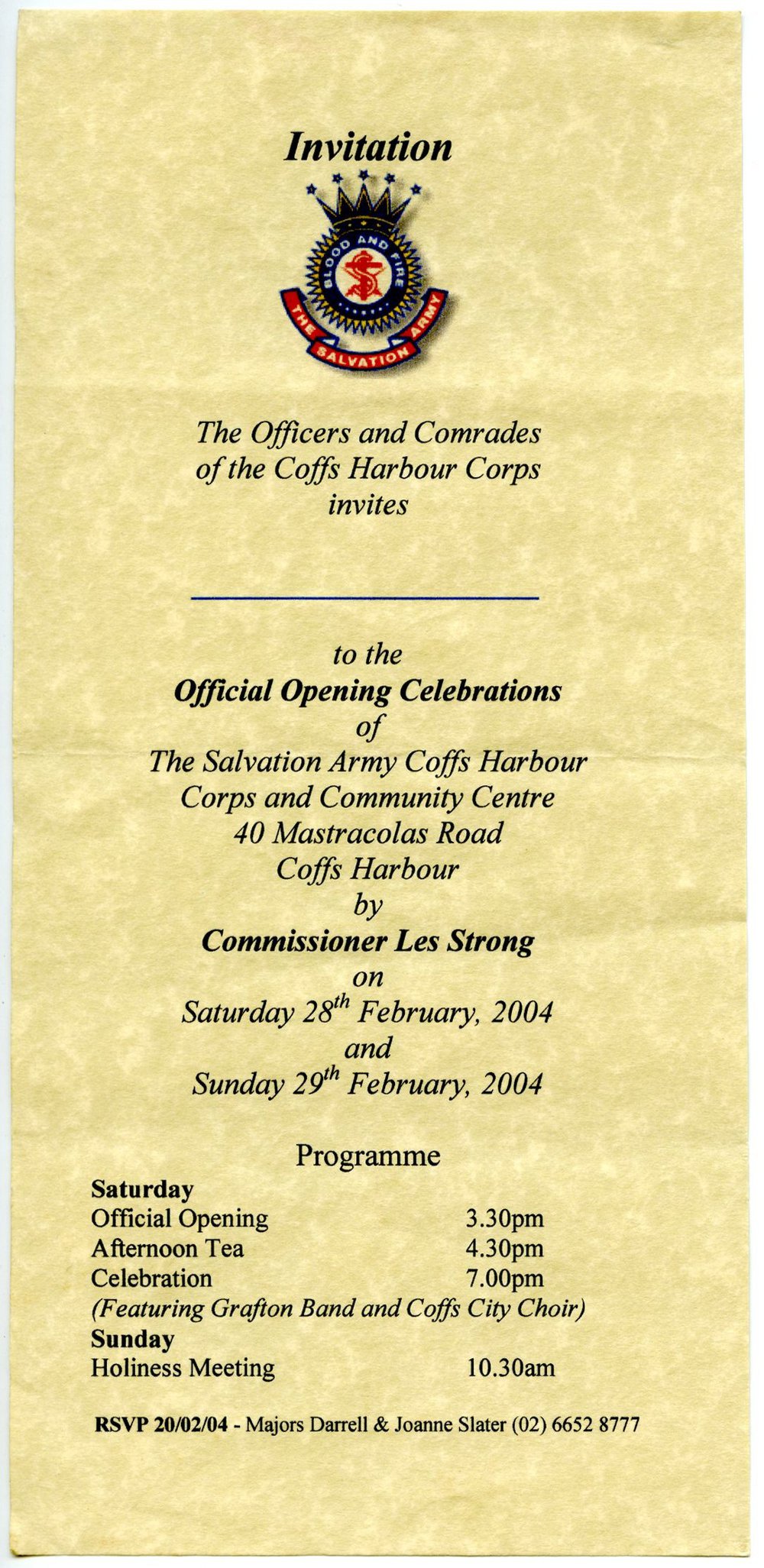 Invitation to Official Opening of The Salvation Army, Coffs Harbour, 28 February 2004