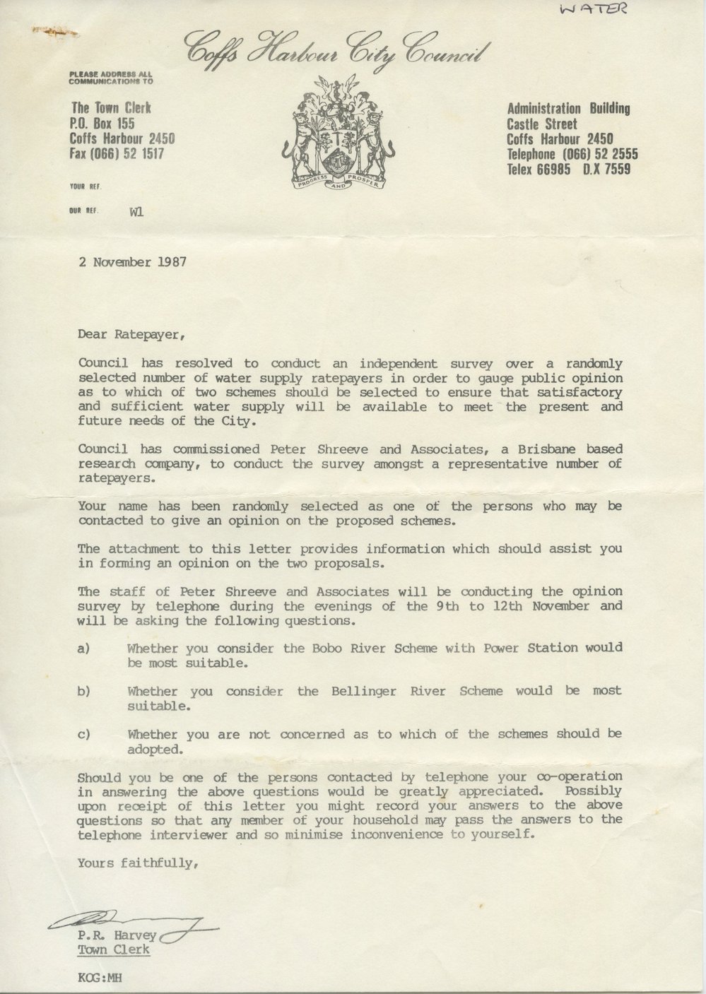 Water Supply Headworks Augmentation report and letter, 2 November 1987