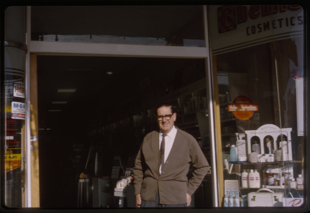 Arnold Forsyth outside his pharmacy, c. 1965