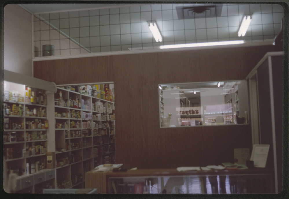Interior wall, Forsyth's Pharmacy, c. 1964