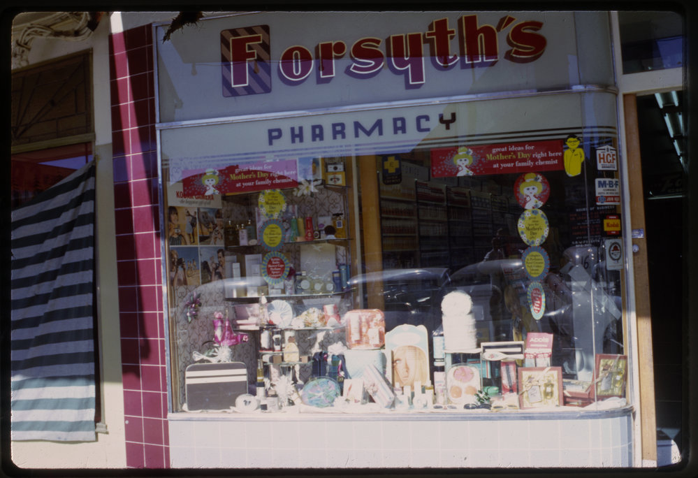 Front window of Forsyth's Pharmacy, c. 1968