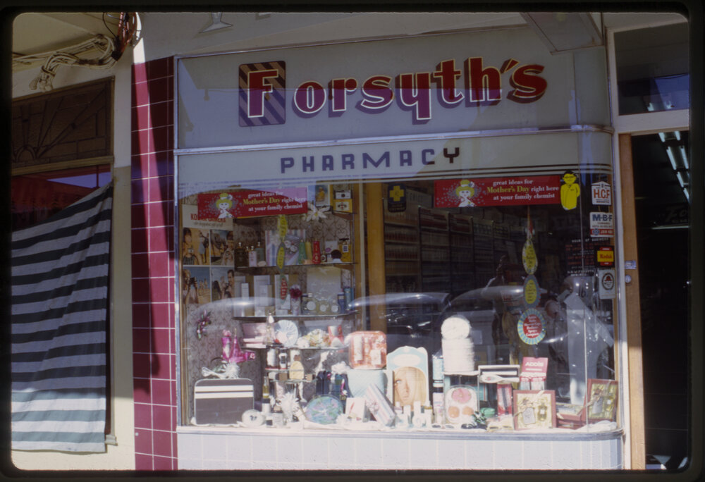 Front window of Forsyth's Pharmacy, c. 1968