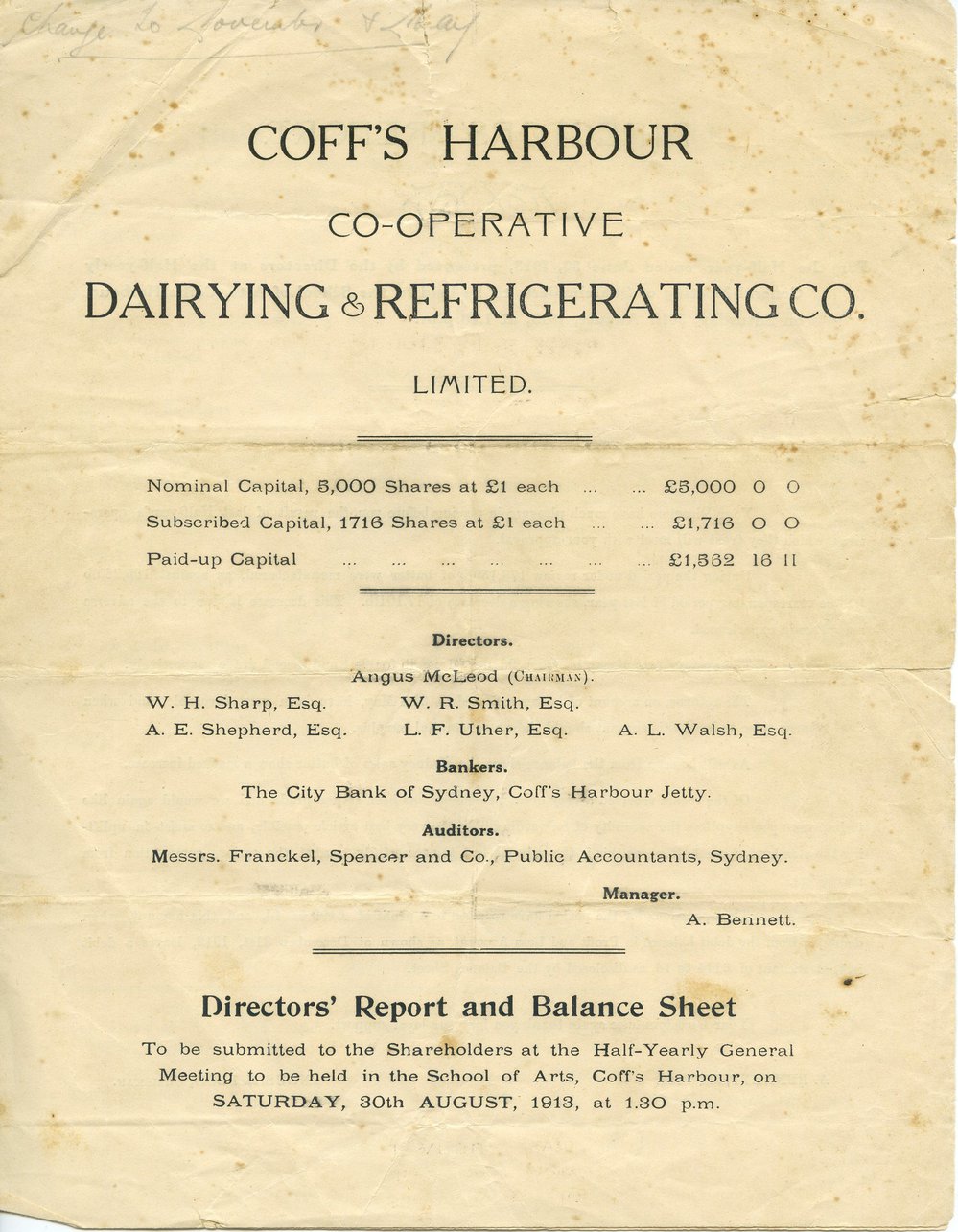 Coff's Harbour&nbsp;Co-operative Dairying and Refrigerating Co. report, 1913