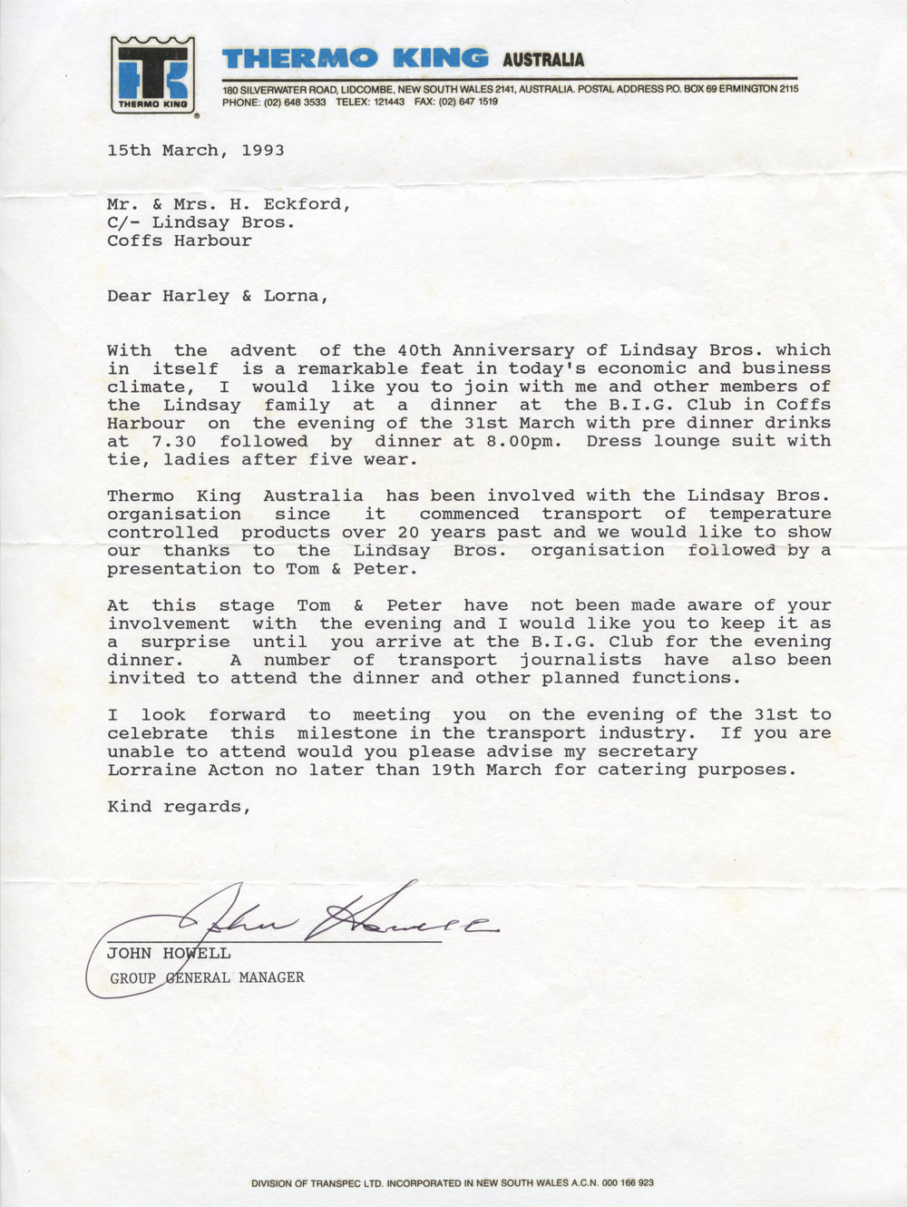 Letter regarding the 40th anniversary of Lindsay Brothers Transport, 15 March 1993