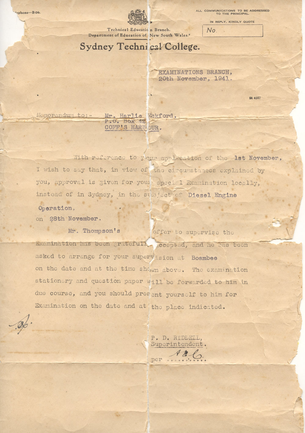 Memorandum for Harlie Eckford, 20 November 1941
