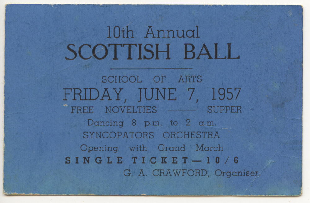Ticket to 10th Annual Scottish Ball, 7 June 1957