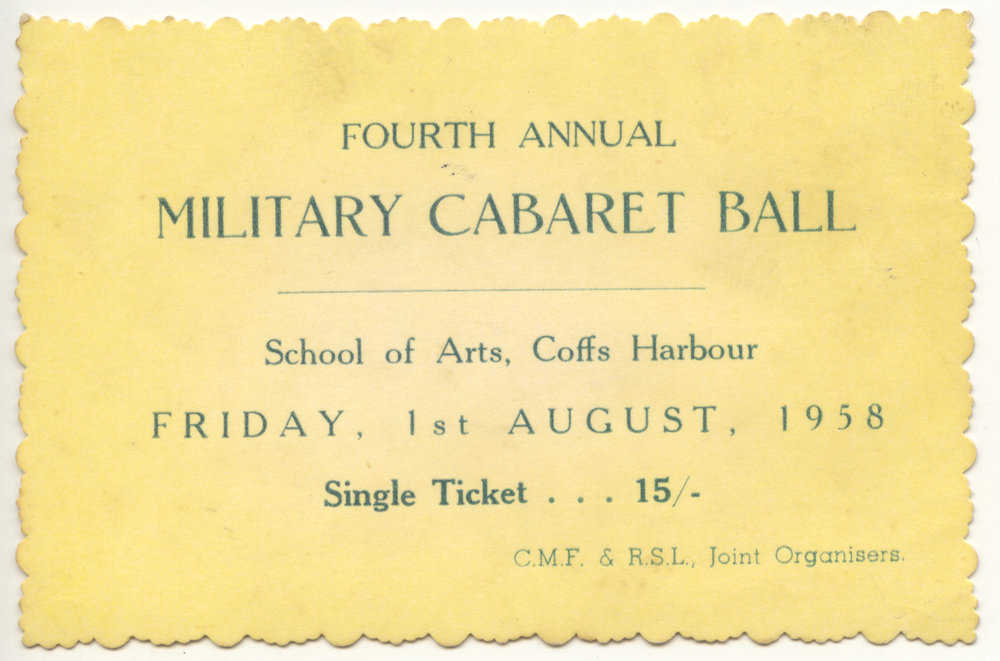 Two tickets to the 4th Annual Military Cabaret Ball, 1 August 1958