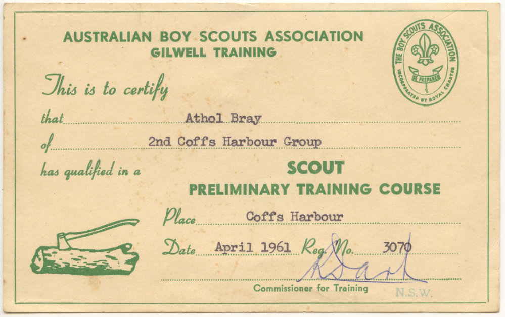 Scout Preliminary Training Course certificate, April 1961