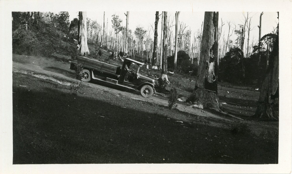 Utility truck with sleepers at Otley farm, 1930