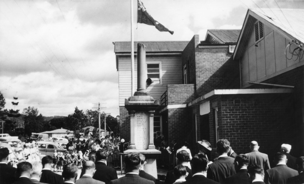 ANZAC Day at the new Woolgoolga Memorial Hall and War Memorial, 1950s