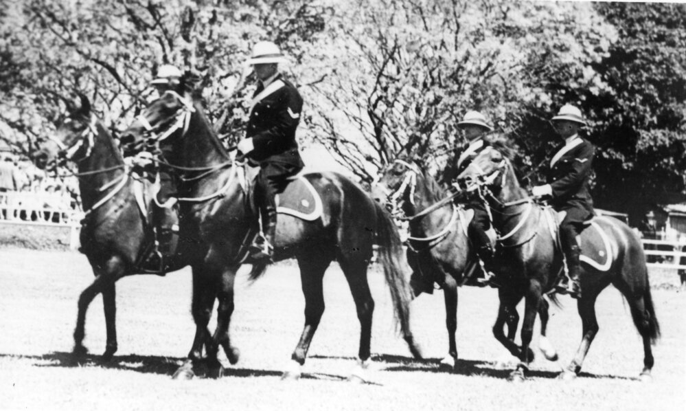 The police mounted escort for Governor Lord Northcott, October 1947