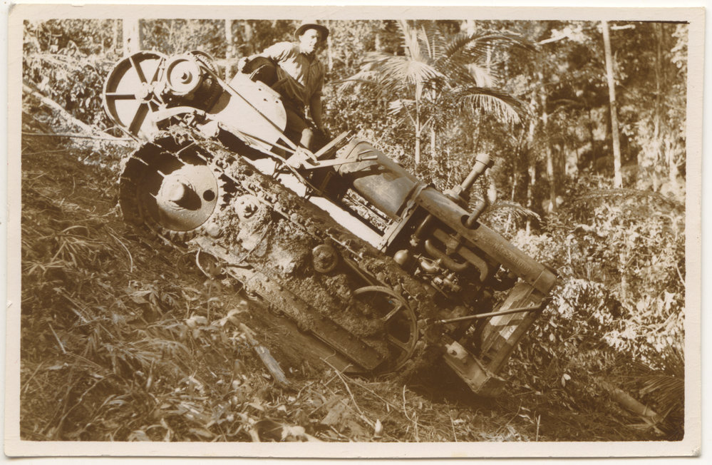 Tractor in rainforest, c. 1940s