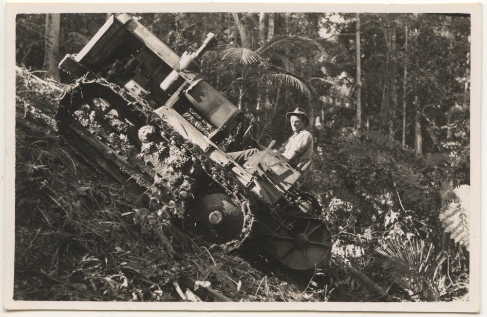 Tractor in rainforest, c. 1940s