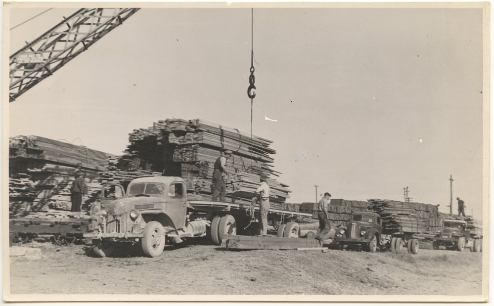 Trucks loaded with timber, c.1940s