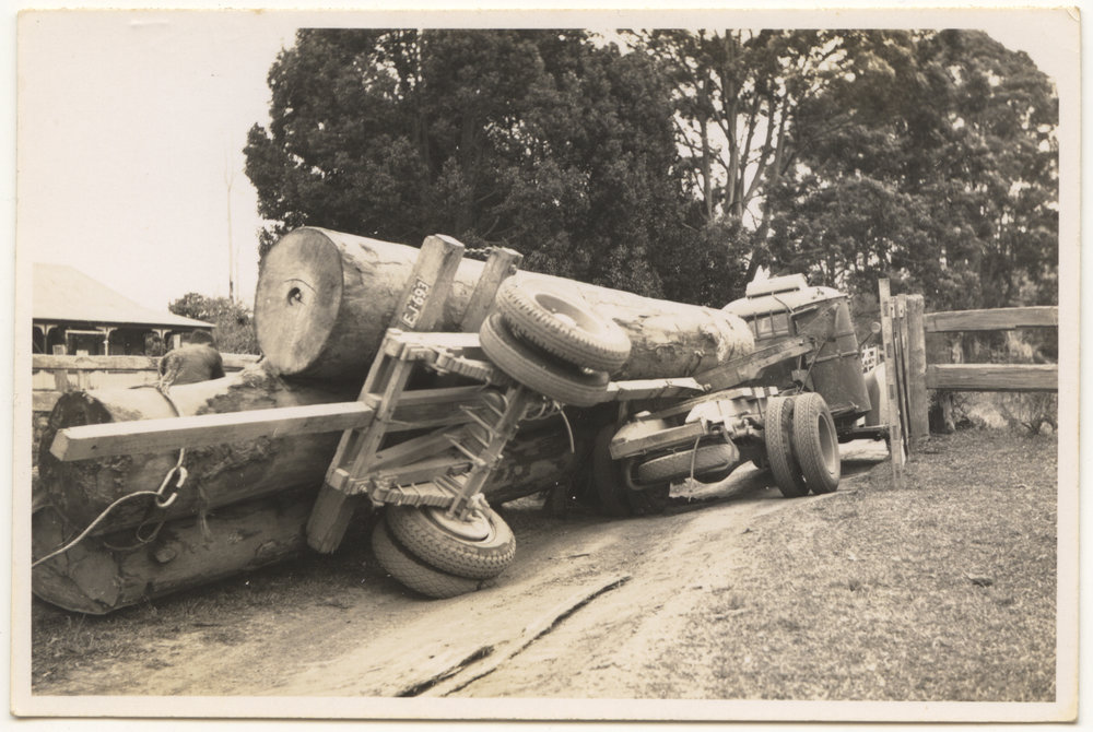 Overturned logging truck, 1943