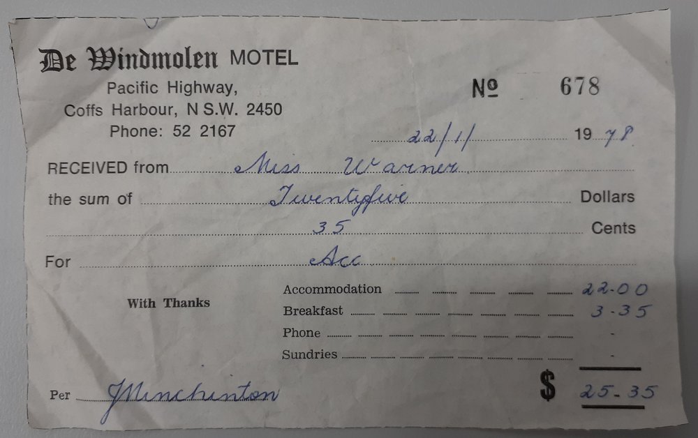De Windmolen Motel Receipt, 22 January 1978