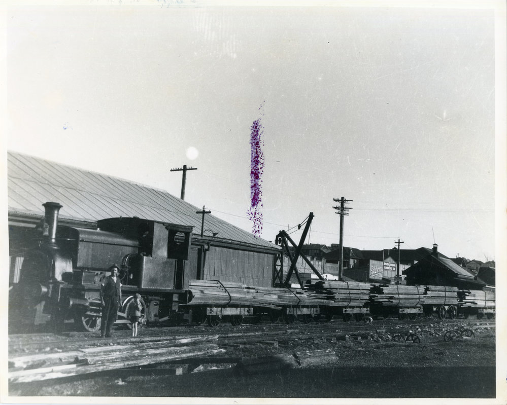 A train transfers timber between the goods shed and the Jetty