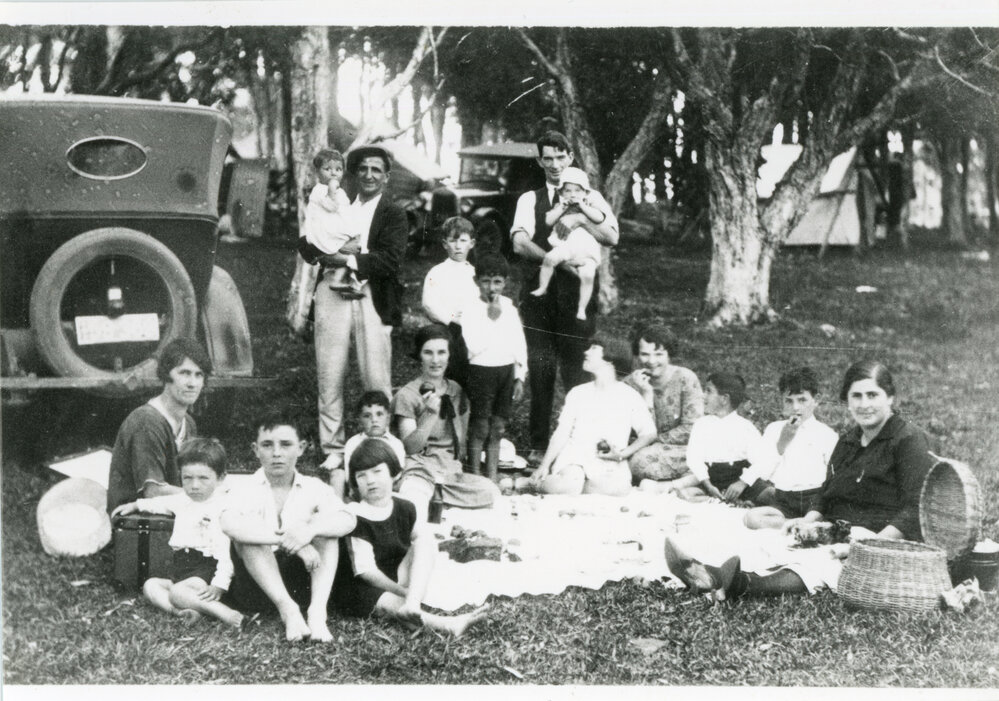 Lowery and Malouf families picnicking at Bonville Reserve, c.1927